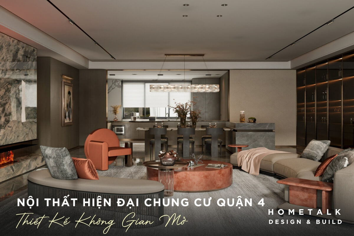 mau khong gian phong khach hien dai duoc thiet ke mo ket noi voi khu vuc bep va ban an tao cam giac rong rai va thoang dang thiet ke ti mi va tinh te the hien su sang trong va dang cap