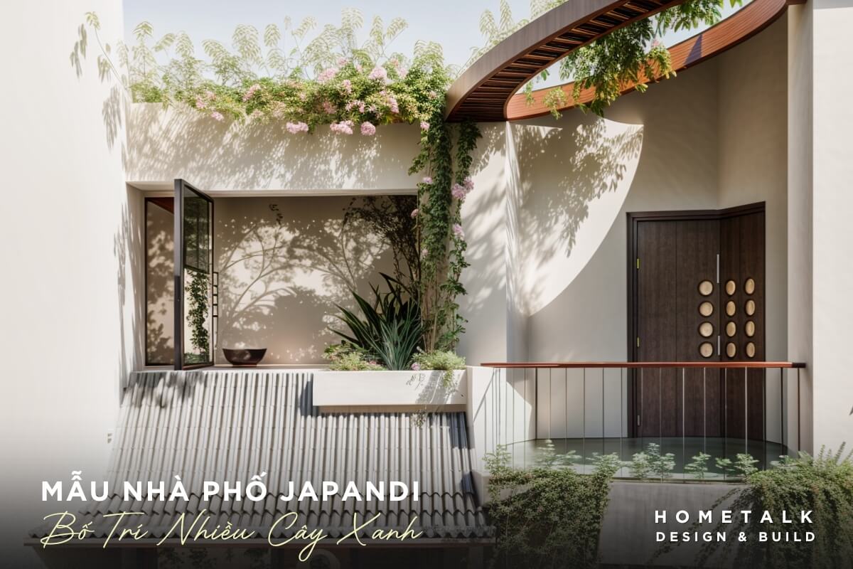 Mẫu nhà phố Japandi 17 nha pho japandi bo tri cay xanh dung diem giup mat tien mem hon, giam nang gat va tao cam giac thu gian ngay khi buoc ve nha