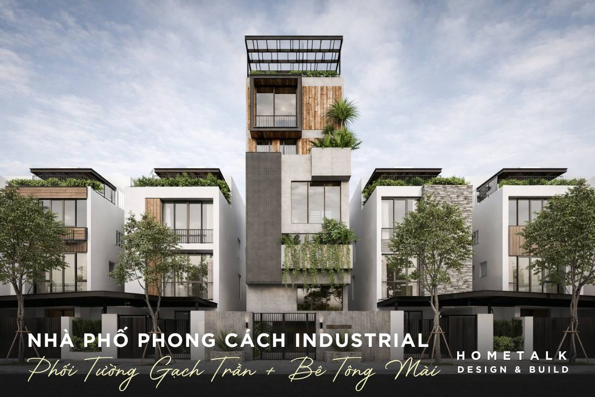 mau nha pho phong cach industrial tho moc thuong ket hop tuong gach tran, be tong mai