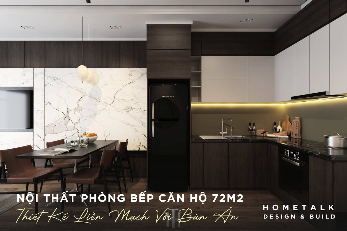 Mau noi that bep va ban an duoc thiet ke mo, lien mach voi khong gian bep duoc thiet ke voi he tu bep bang go toi mau voi cac duong van tu nhien, mang lai ve sang trong va am cung