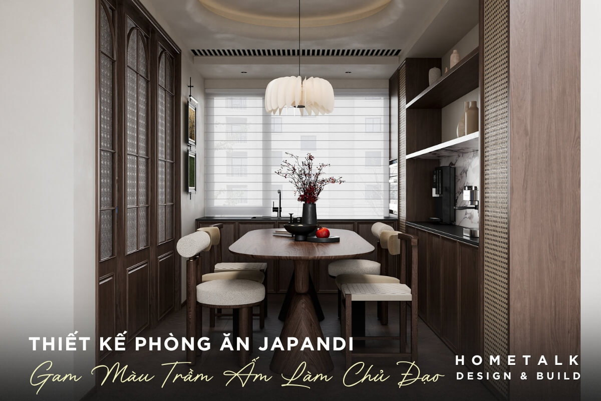 Mẫu nội thất phòng ăn phong cách Japandi nổi bật với bàn ăn hình bầu dục bằng gỗ màu nâu trầm và hệ tủ bếp màu nâu trầm Mau noi that phong an phong cach Japandi noi bat voi ban an hinh bau duc voi mat ban va chan ban bang go mau nau tram va he tu bep mau nau tram
