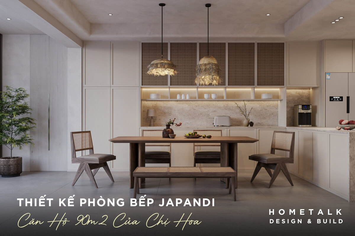 Mẫu nội thất phòng bếp Japandi nổi bật với bàn gỗ óc chó và các chi tiết trang trí tinh t ấm cúng và đầy tính thẩm mỹ cho căn hộ 90m2 của chị Hoaế Mau noi that phong bep Japandi noi bat voi ban go oc cho va cac chi tiet trang tri tinh te, tao khong gian sang trong, am cung va day tinh tham my cho can ho 90m2 cua chi Hoa