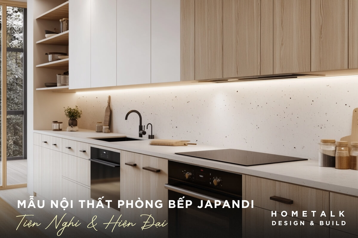 Mẫu nội thất phòng bếp Japandi tiện nghi và hiện đại với bếp điện từ, máy rửa chén âm tủ và đèn LED chiếu sáng Mau noi that phong bep Japandi tien nghi va hien dai voi bep dien tu, may rua chen am tu va den LED chieu sang