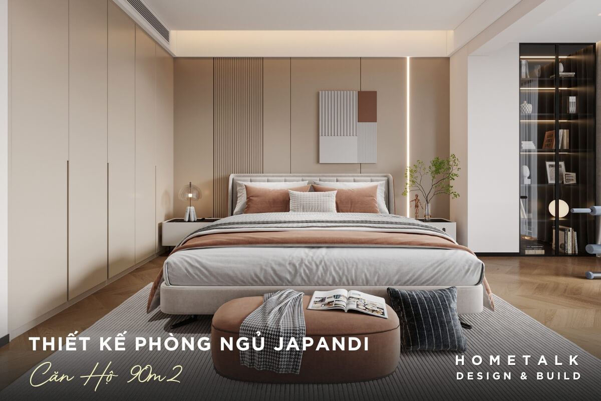 Mẫu nội thất phòng ngủ Japandi cùng giường lớn và hệ tủ quần áo lớn bình yên và tiện nghi cho một căn hộ 90m2 Mau noi that phong ngu Japandi cung giuong lon va he tu quan ao lon, tu kinh lon trung bay sach va cac vat pham trang tri mang lai cam giac sang trong, binh yen va tien nghi cho mot can ho 90m2