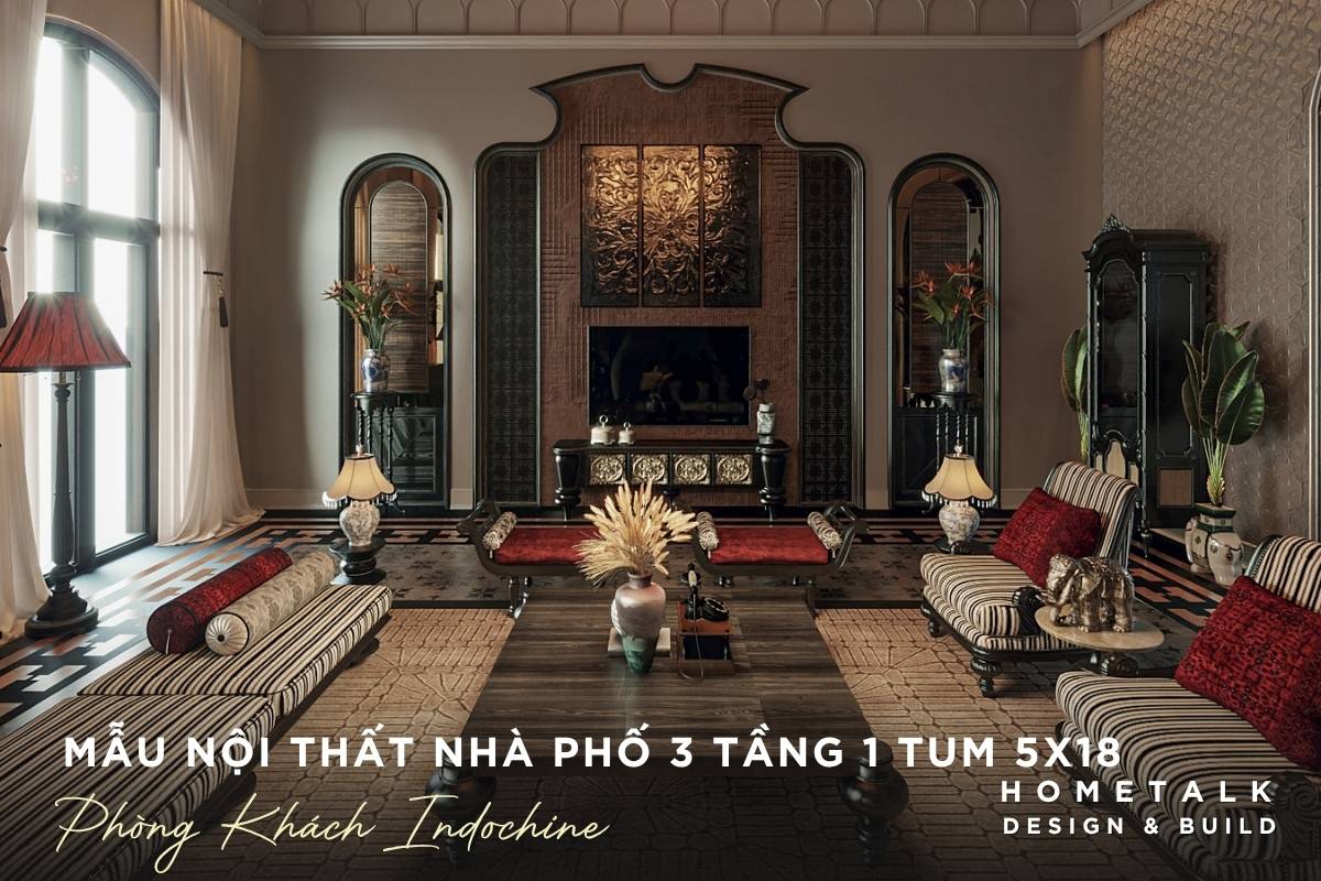 mau phong khach dam chat indochine voi sofa may tre hoa tiet gach bong co dien va vom go