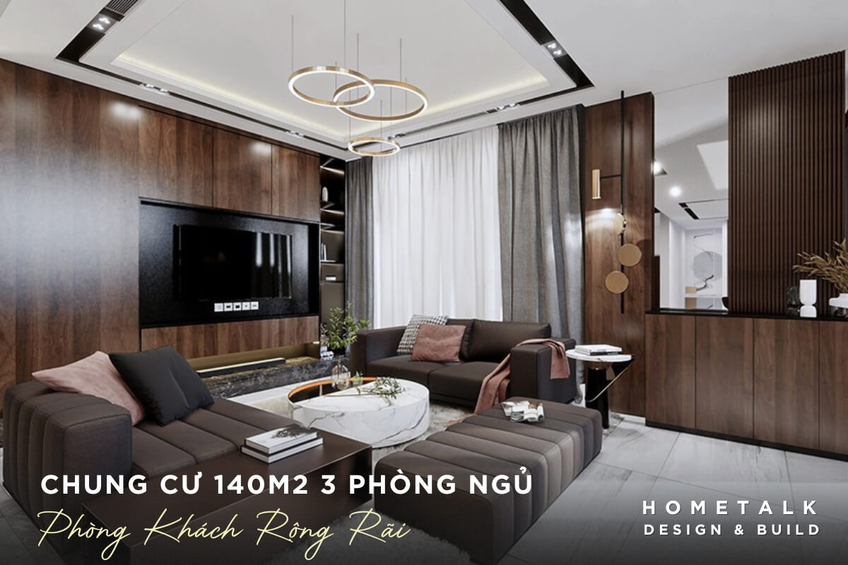 mau phong khach rong rai trong chung cu 140m2 3 phong ngu tan binh duoc chia thanh nhieu khu vuc cong nang nhu tiep dai doc sach