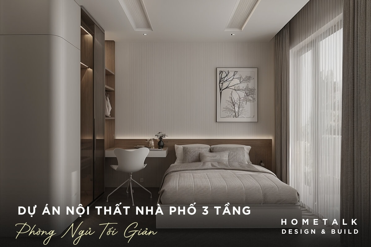 Mau phong ngu duoc thiet ke toi gian va hien dai voi ban lam viec nho mau trang duoc tich hop voi tu quan ao