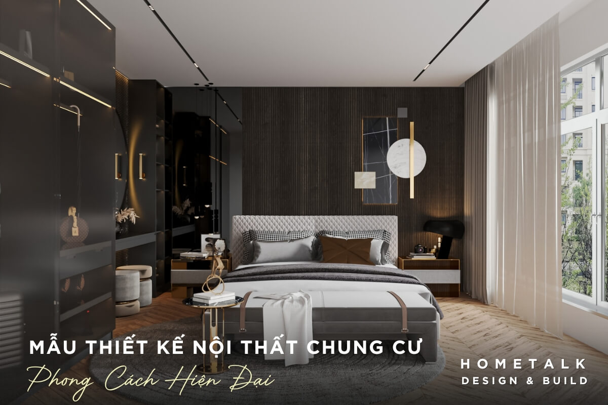 mau phong ngu hien dai chung cu voi tong mau chu dao la cac tong mau toi bao gom den xam va nau tao nen mot khong gian rieng tu va thu gian