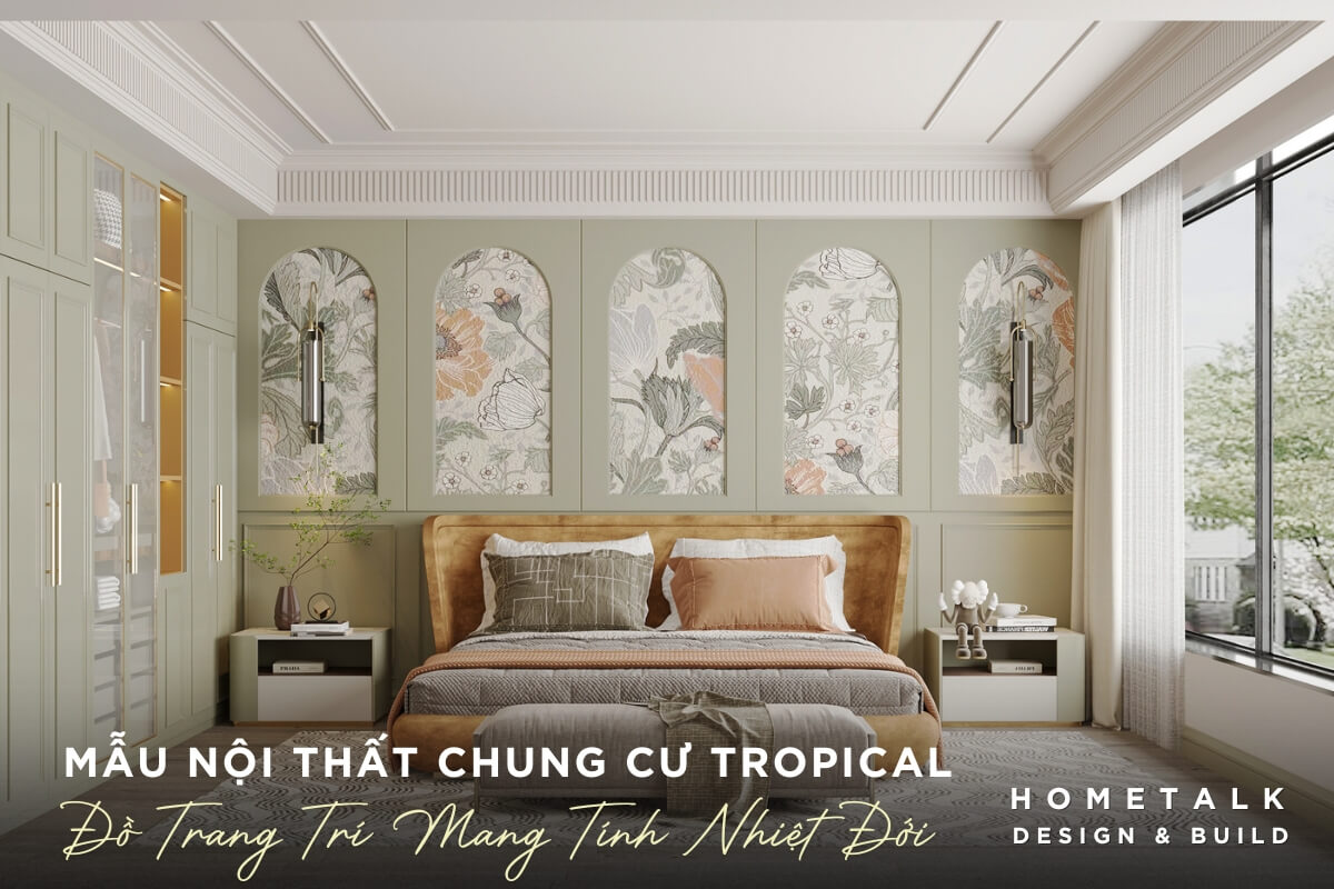 mau phong ngu phong cach tropical su dung do trang tri mang tinh nhiet doi nhu giay dan tuong voi hoa tiet hoa co la tao cam giac am cung va gan gui voi thien nhien