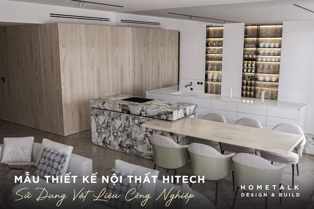 mau thiet ke bep an duoc thiet ke theo phong cach hitech su dung vat lieu cong nghiep nhu mat ban da va chan ghe an kim loai mang den mot khong gian manh me ca tinh