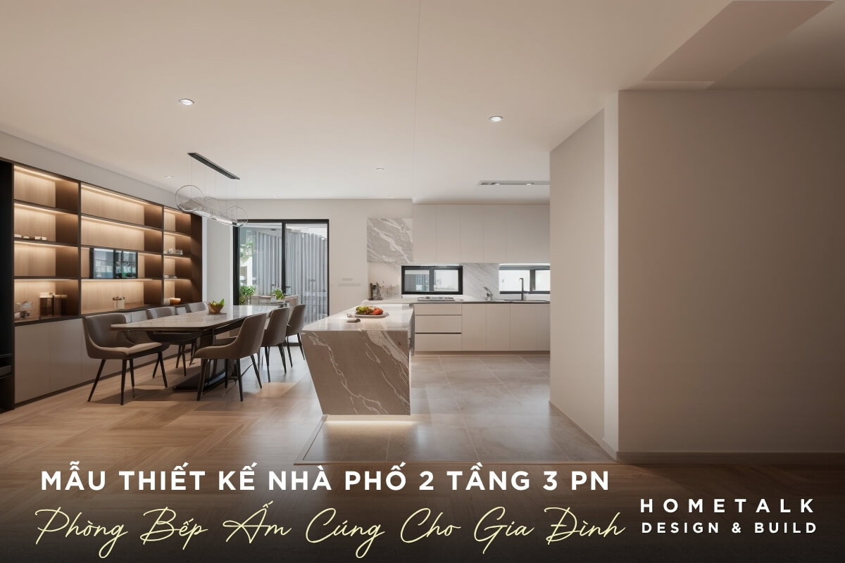 Mau thiet ke nha pho 2 tang 3 phong ngu voi phong an va bep hien dai, duoc thiet ke voi tran nha cao va he thong chieu sang am tran tinh te