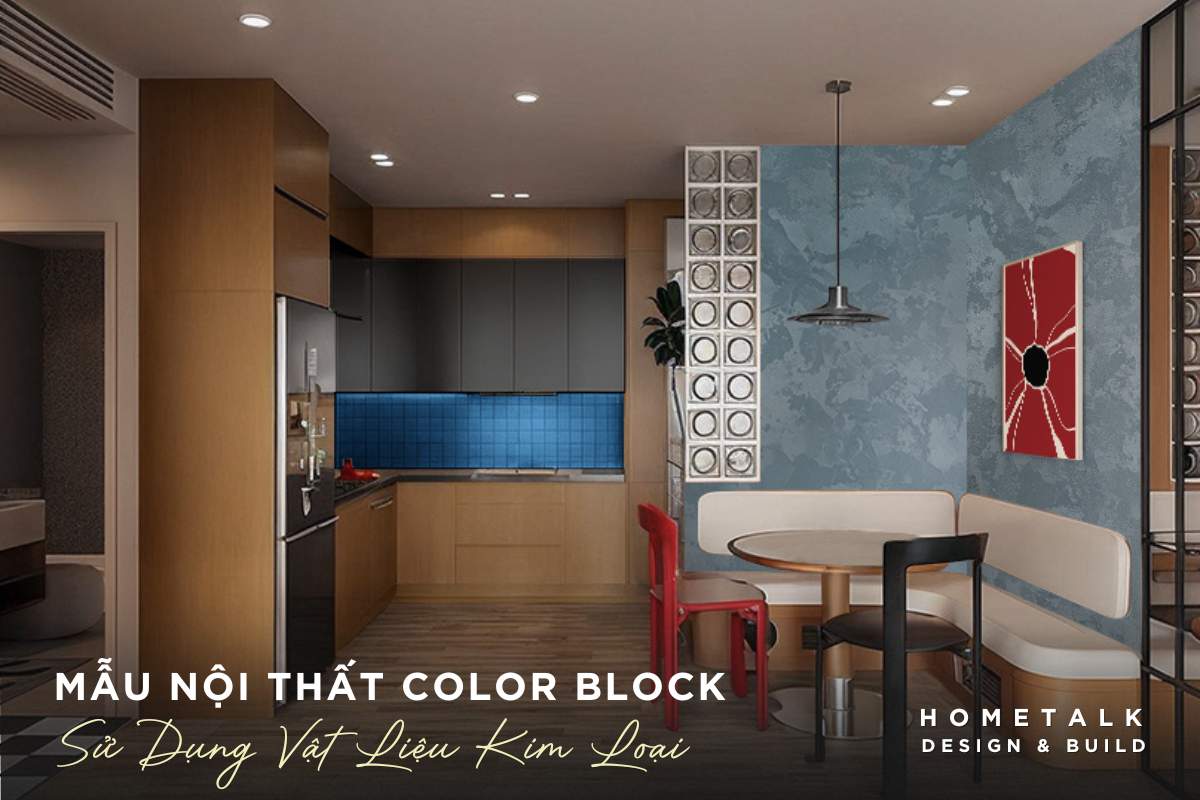 mau thiet ke noi that bep theo phong cach color block voi cac diem nhan mau sac manh me va la noi ly tuong de thuong thuc do an do uong va tro chuyen