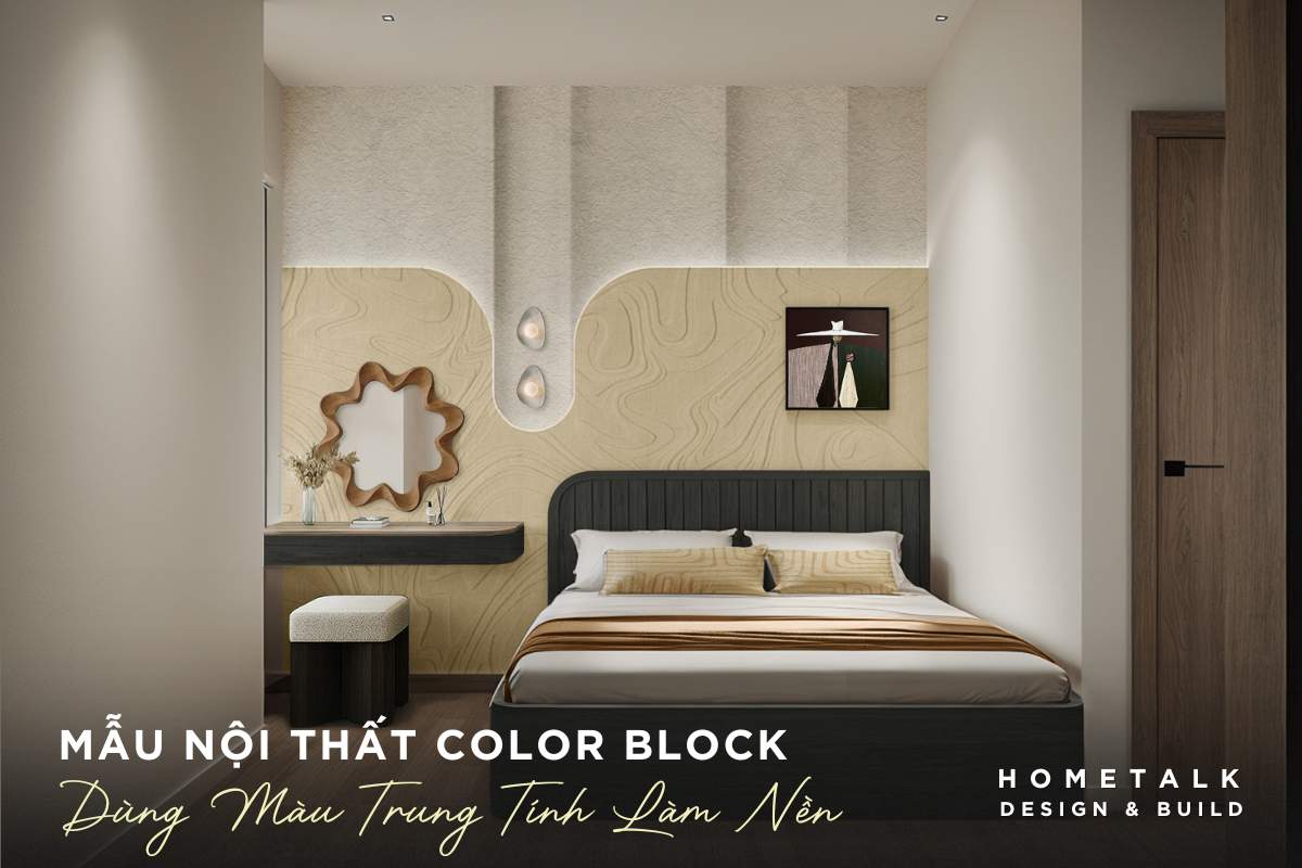 mau thiet ke phong ngu voi su ket hop cua cac tong mau trung tinh va mau pastel tao nen hieu ung color block an tuong