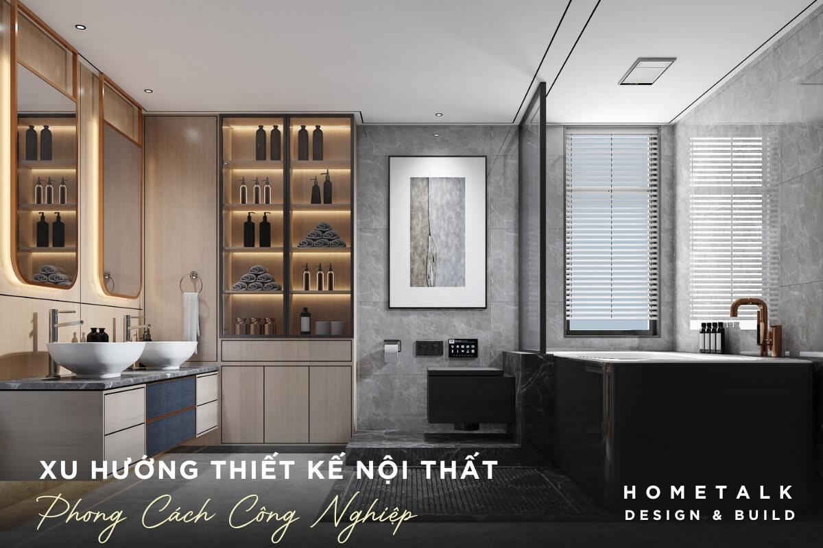 mau thiet ke thi cong noi that phong tam can ho quan 4 voi gach op tuong mau xam van da va kieu dang hien dai cua bon rua ke tu va bon tam dac trung cua phong cach cong nghiep manh me