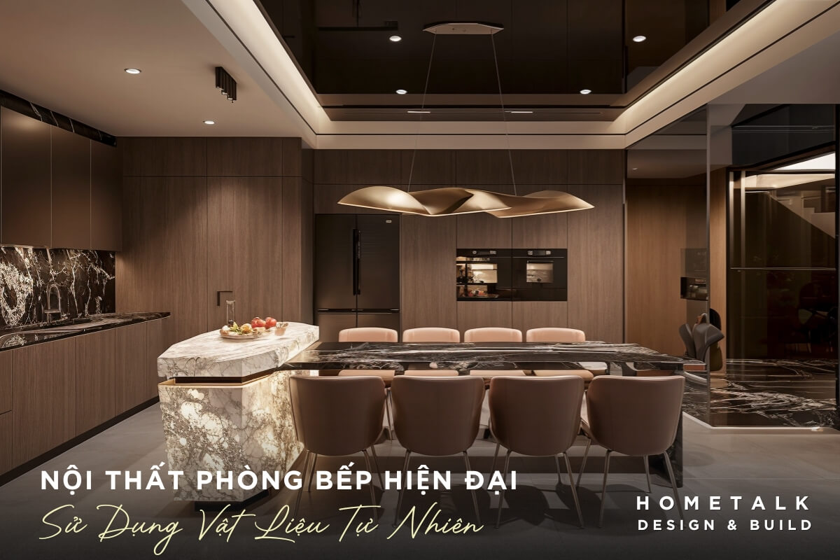 noi that phong bep hien dai voi he tu bep tren va duoi bang go sam mau voi cac duong van go tu nhien cung mat bep va mat ban duoc op da cam thach cao cap mang lai ve dep tu nhien va dang cap