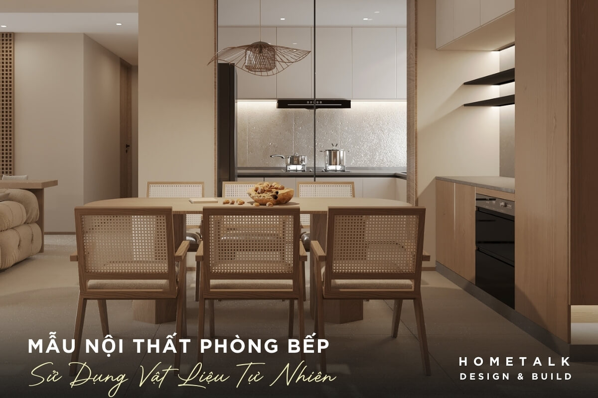 Noi that phong bep voi tong mau trung tinh chu dao ket hop voi chi tiet go tu nhien va may dan, tao cam giac am cung, sang trong va gan gui voi thien nhien