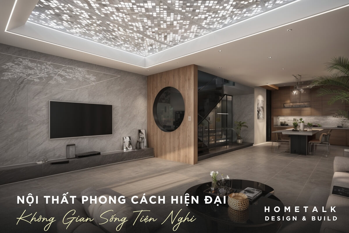 Noi that phong cach hien dai voi tong mau trung tinh sang trong trang tri voi op tuong bang da cam thach va ke tivi noi dai mau xam dam, thiet ke toi gian va hien dai, cung cap khong gian luu tru va trung bay