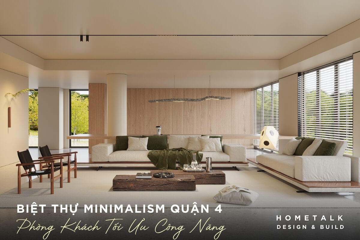 Noi that phong khach biet thu voi sofa lon mau trang kem voi ban tra mat go tu nhien, voi nhung duong van go doc dao thiet ke mo voi khong gian san vuon ben ngoai