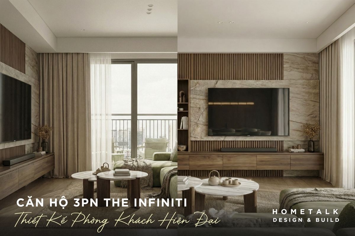 Nội thất phòng khách phong cách hiện đại căn hộ 3PN The Infiniti noi that phong khach phong cach hien dai voi vat lieu go cong nghiep da vai