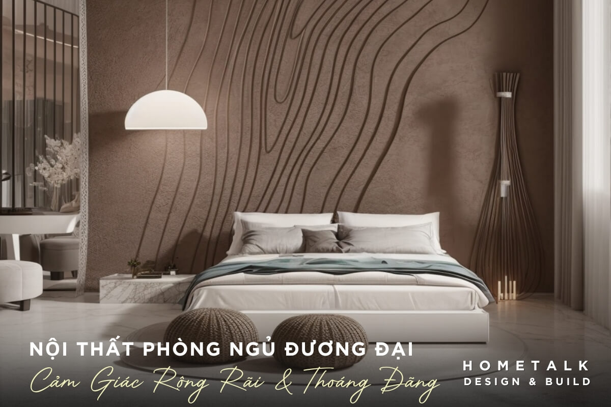 Nội thất phòng ngủ đương đại với giường thấp tường trang trí sóng 3D màu nâu đất tạo cảm giác rộng rãi Noi that phong ngu duong dai voi giuong thap tuong trang tri song 3D mau nau dat tao cam giac rong rai va thoang dang cho can ho quan 9