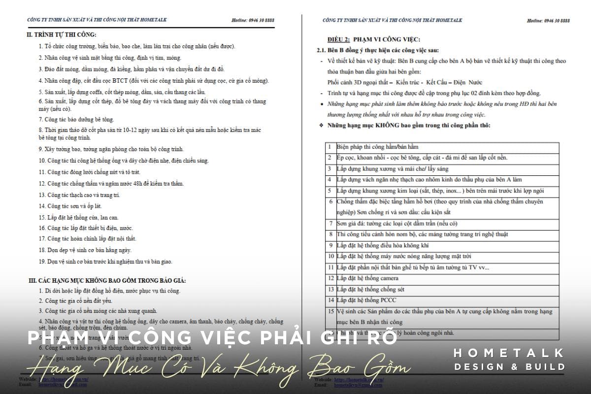 pham vi cong viec phai ghi ro tung hang muc bao gom va khong bao gom