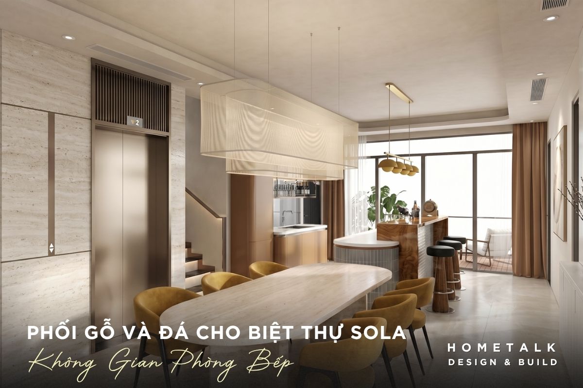 phoi go va da trong noi that biet thu sola cung kim loai, kinh giup khong gian hai hoa hon