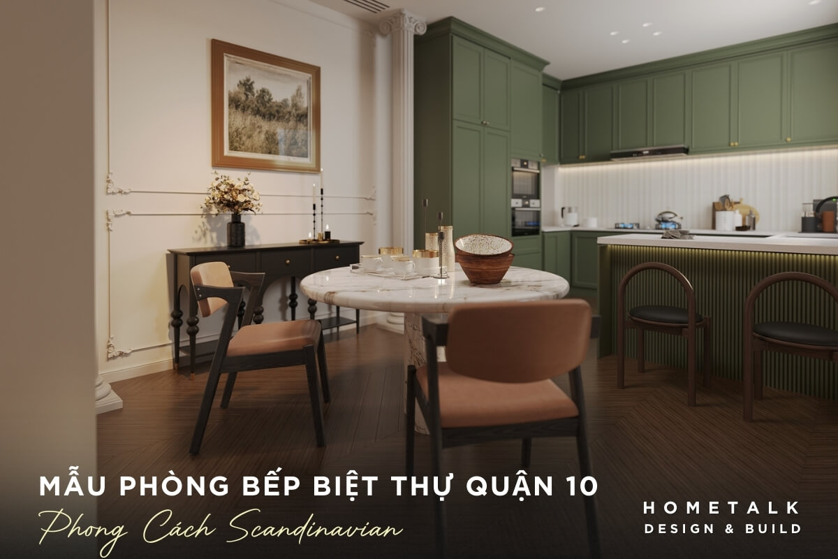 Phong bep biet thu Quan 10 co khu vuc dao bep duoc thiet ke voi phan mat da va tu go mau xanh la cay, ket hop voi den LED am tao hieu ung anh sang am ap