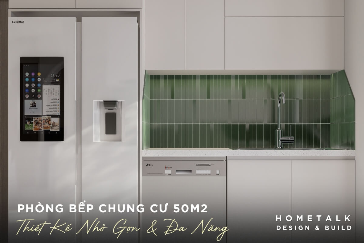 Phong bep duoc thiet ke chu I nho gon voi tong mau trang, xam nhat va diem nhan mau xanh la cay tao cam giac sach se, tuoi moi va tinh te