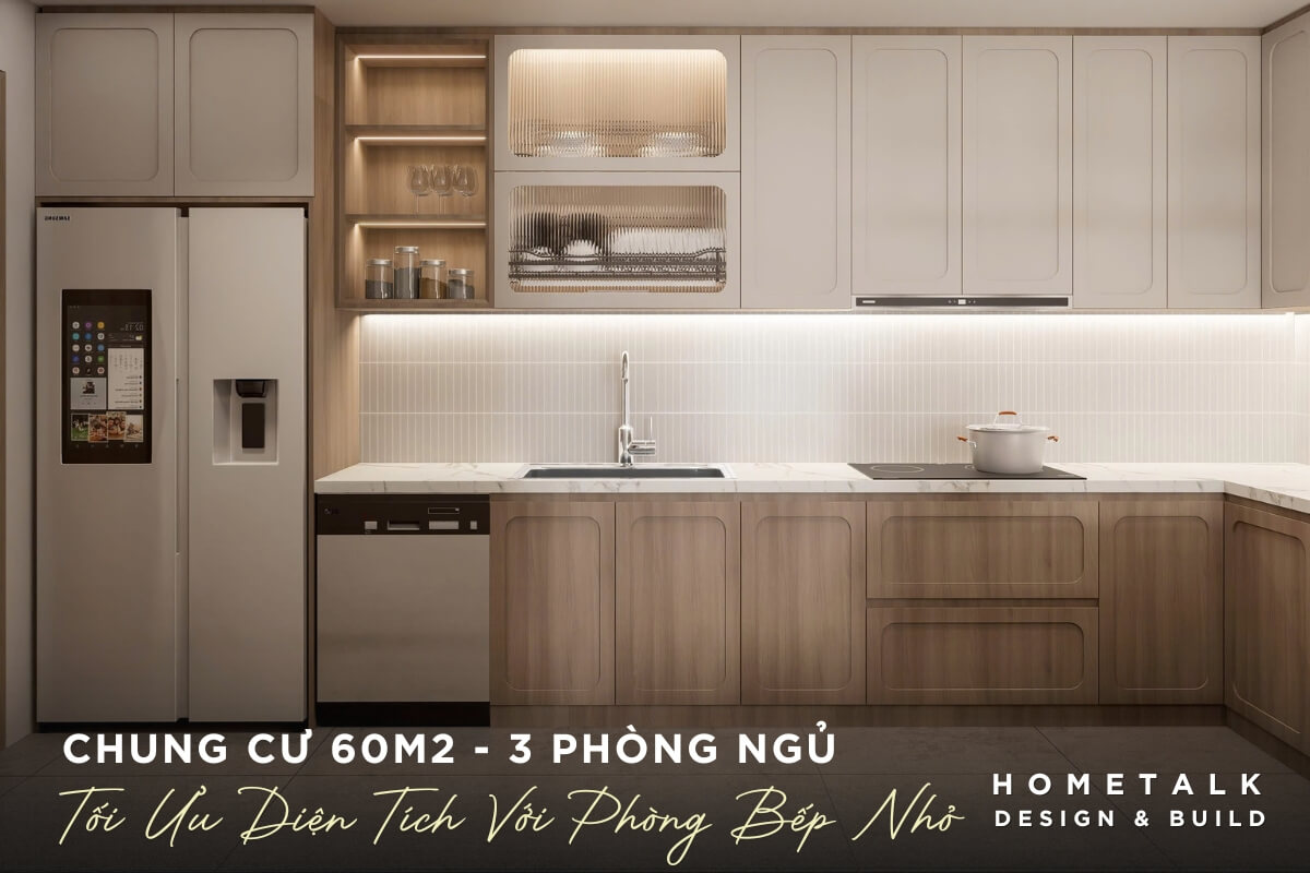 phong bep duoc thiet ke nho gon voi cac giai phap luu tru thong minh tói uu diẹn tích cho chung cu 60m2 3 phòng ngủ tai binh chanh