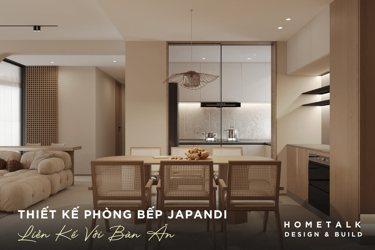 Phòng bếp Japandi được thiết kế liền kề với bàn ăn tạo sự phân chia không gian tinh tế Phong bep Japandi duoc thiet ke lien ke voi ban an tao su phan chia khong gian tinh te giua khu vuc an uong va phong khach