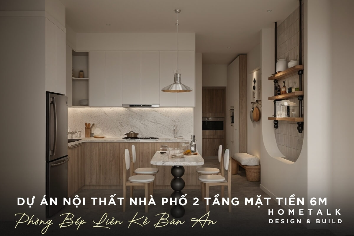 Phòng bếp có tông màu trắng và nâu gỗ chủ đạo Phong bep co tong mau trang va nau go chu dao, be mat bep va mat ban an duoc op bang da cam thach trang voi cac duong van tinh te