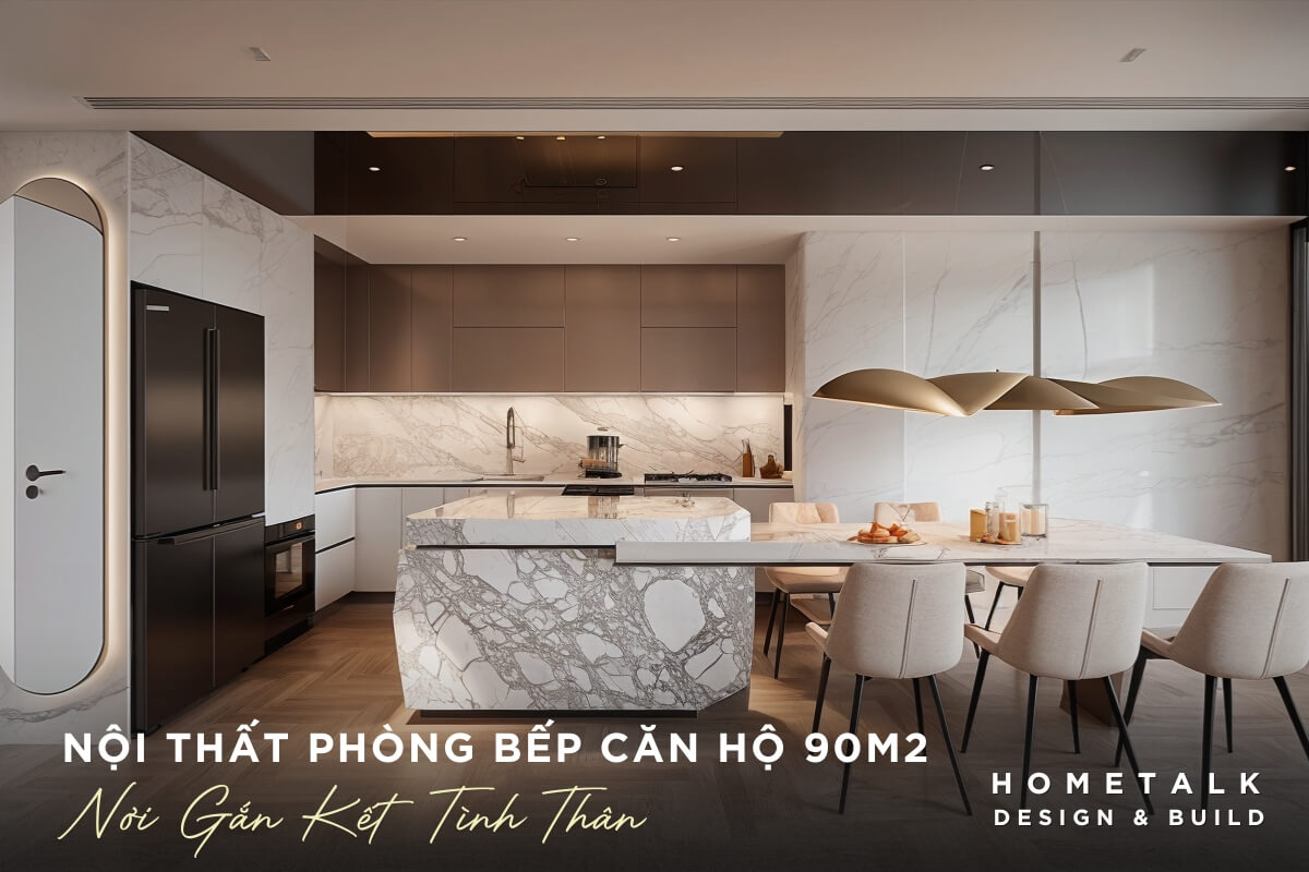 Phong bep va khu vuc an uong duoc thiet ke voi tong mau trung tinh sang trong duoc thiet ke mo, hien dai va am cung cho cac hoat dong gia dinh