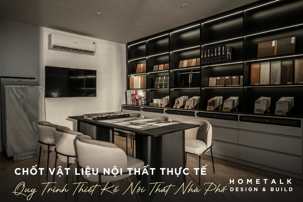 Phong chot vat lieu noi that Hometalk duoc bo tri chuyen nghiep voi he tu trung bay mau va phu kien thi cong