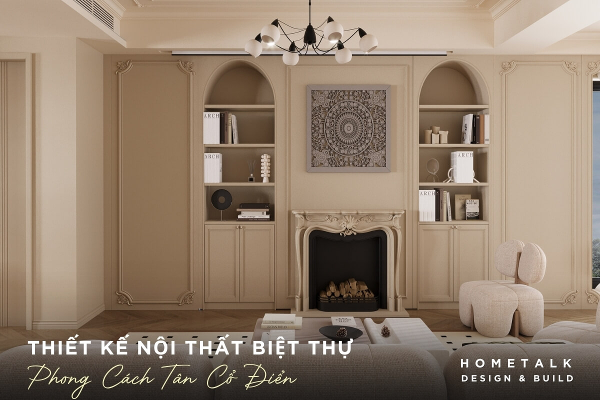 Phong khach biet thu phong cach tan co dien phia tren co hai tu sach am tuong o duoi co lo suoi gia voi thiet ke co dien, tao diem nhan cho khong gian