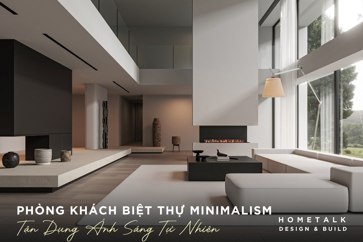 Phong khach biet thu theo phong cach Minimalism duoc thiet ke voi khong gian mo rong lon, tran cao va he thong cua kinh tu san den tran, tao cam giac thoang dang