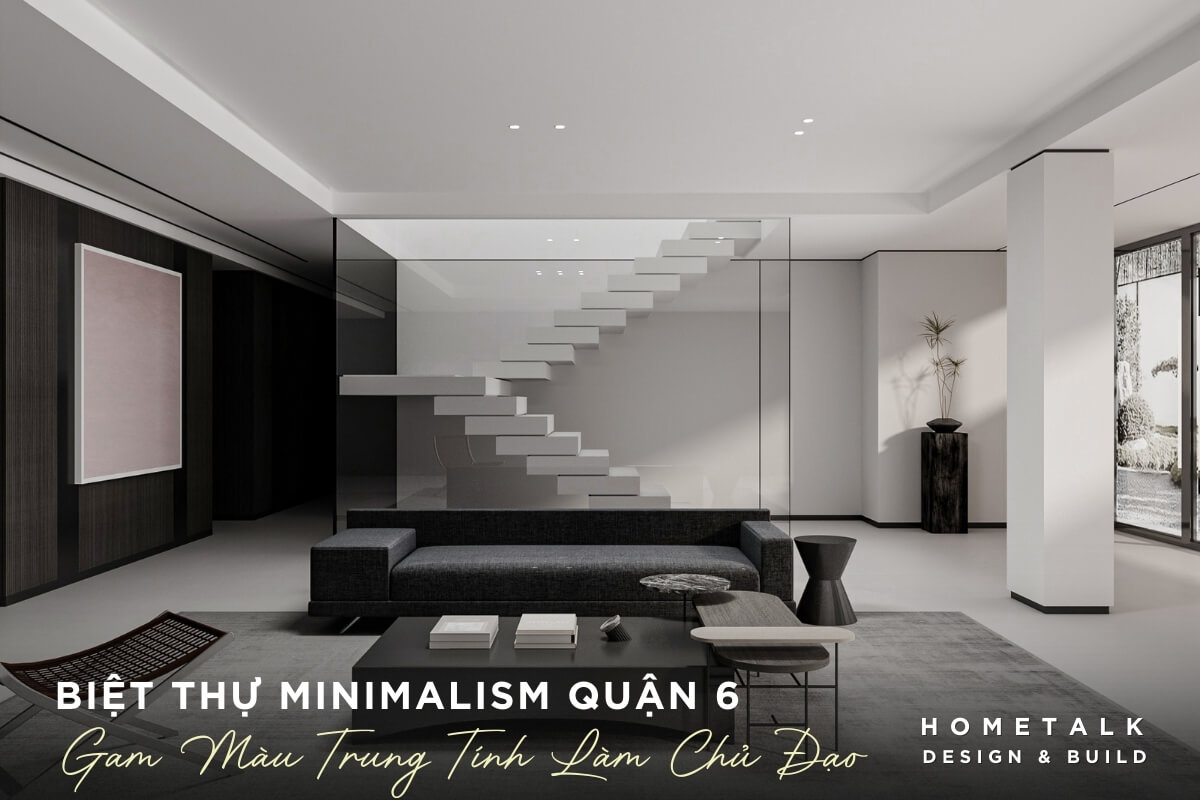 phong khach biet thu theo phong cach toi gian voi sofa mau xam dam, thiet ke don gian cung cau thang thiet ke dang treo, khong tay vin, voi cac bac thang mau trang, tao diem nhan kien truc doc dao