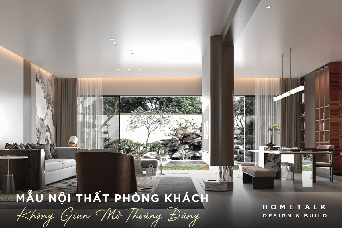 Mẫu thiết kế nội thất phòng khách Hiện Đại biệt thự đẹp quận Tân Bình phong khach biet thu thiet ke mo voi ban tiep khach mat da marble mau trang va cua chinh voi rem cua mau trang nhin ra san vuon rong rai thoang mai