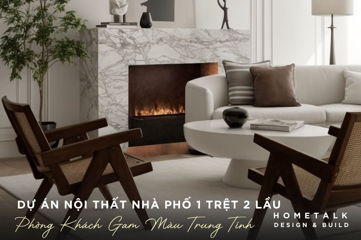 Phong khach co tong mau trang, be va nau go chu dao tao cam giac sang trong, tinh te va am cung trong noi that nha pho 1 tret 2 lau