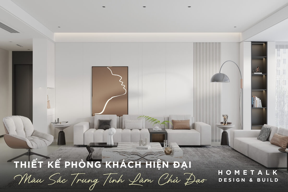 Phong khach duoc thiet ke voi tong mau chu dao la trang, be, xam va nau, mang lai cam giac am cung, thanh lich va rong rai