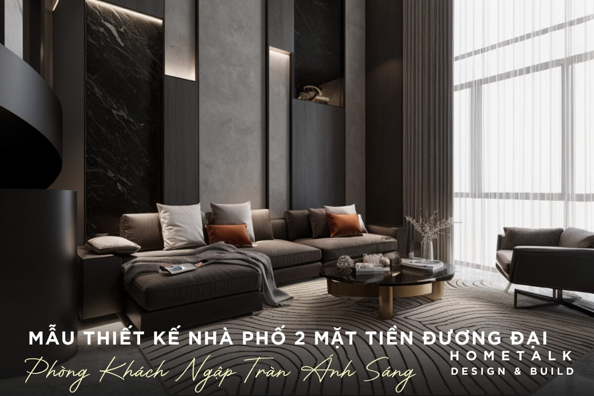 Phong khach Duong Dai rong rai voi tran nha cao va khong gian mo, tao cam giac thoang dang va dang cap cho mau nha pho 2 mat tien