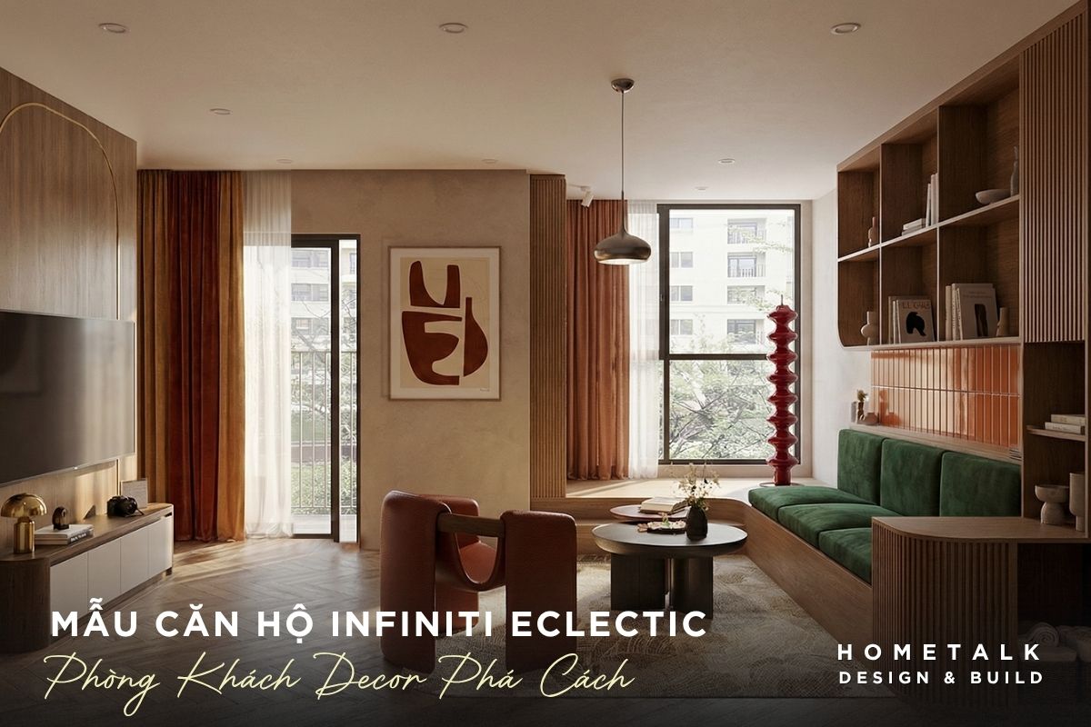 phong khach eclectic mix mid century voi sofa chan go va decor pha cach