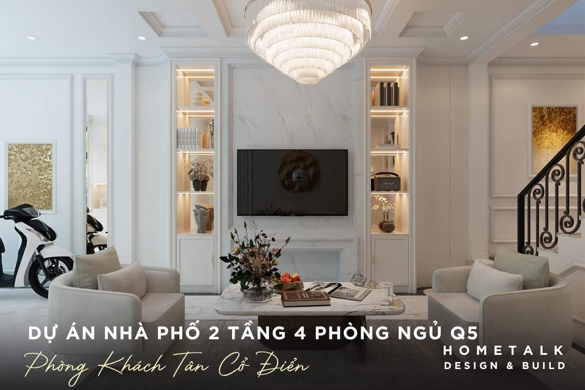 Công ty thiết kế thi công nội thất nhà phố quận 5 TPHCM chuyên nghiệp và uy tín 63 phong khach neo classic nha pho quan 5 co ke tu am tuong va duong phao chi tuong dac trung