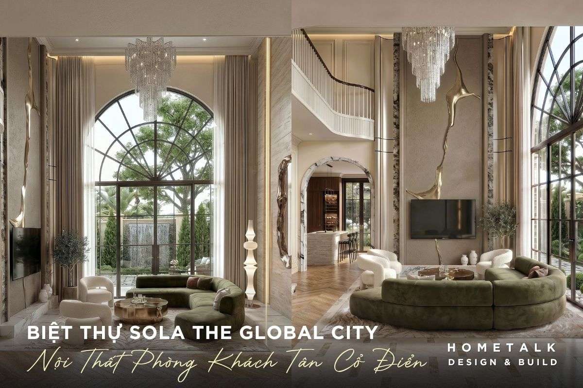 phong khach noi bat voi sofa cong xanh olive, nen kem sang, da marble va chi tiet anh kim