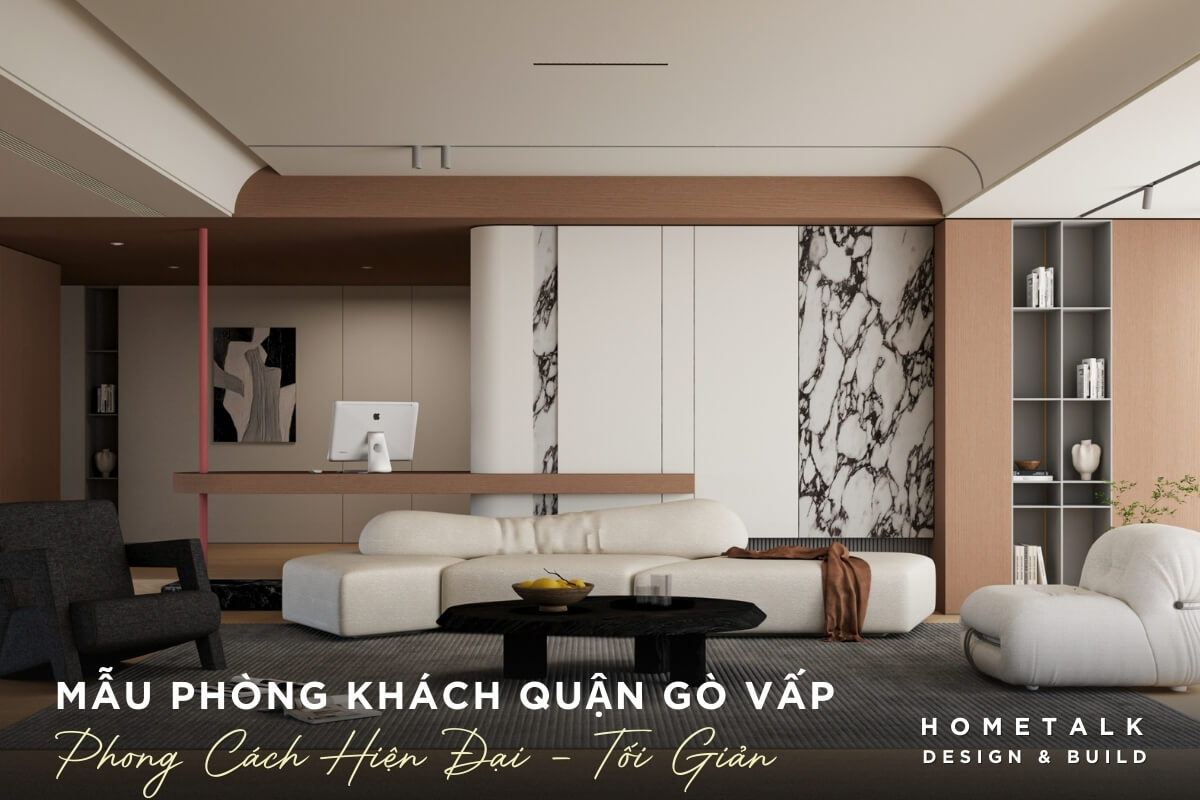 Phong khach tai Quan Go Vap duoc thiet ke theo phong cach hien dai - toi gian noi bat voi bo sofa mau trang nga co thiet ke dac biet mem mai va khong co tay vin