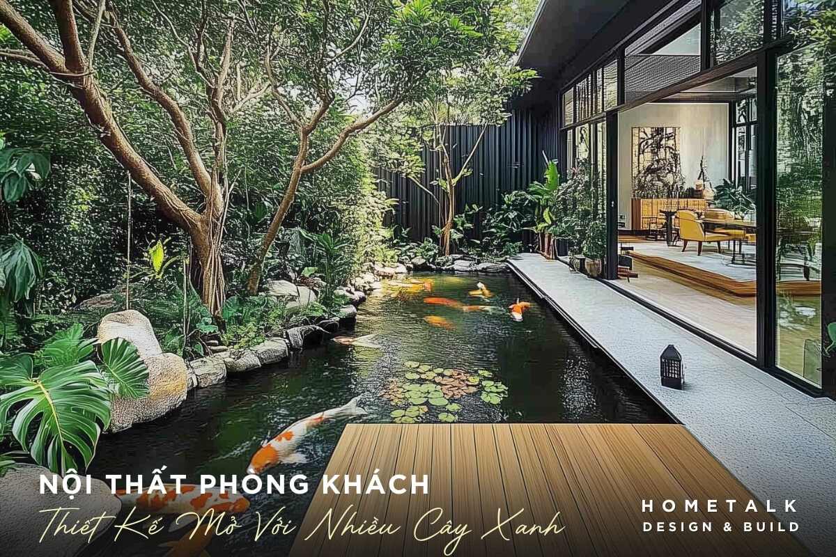 Phong khach thiet ke mo nhin ra san vuon biet thu co ho ca Koi dai voi lan nuoc trong xanh, tao diem nhan thu gian va gan gui voi thien nhien