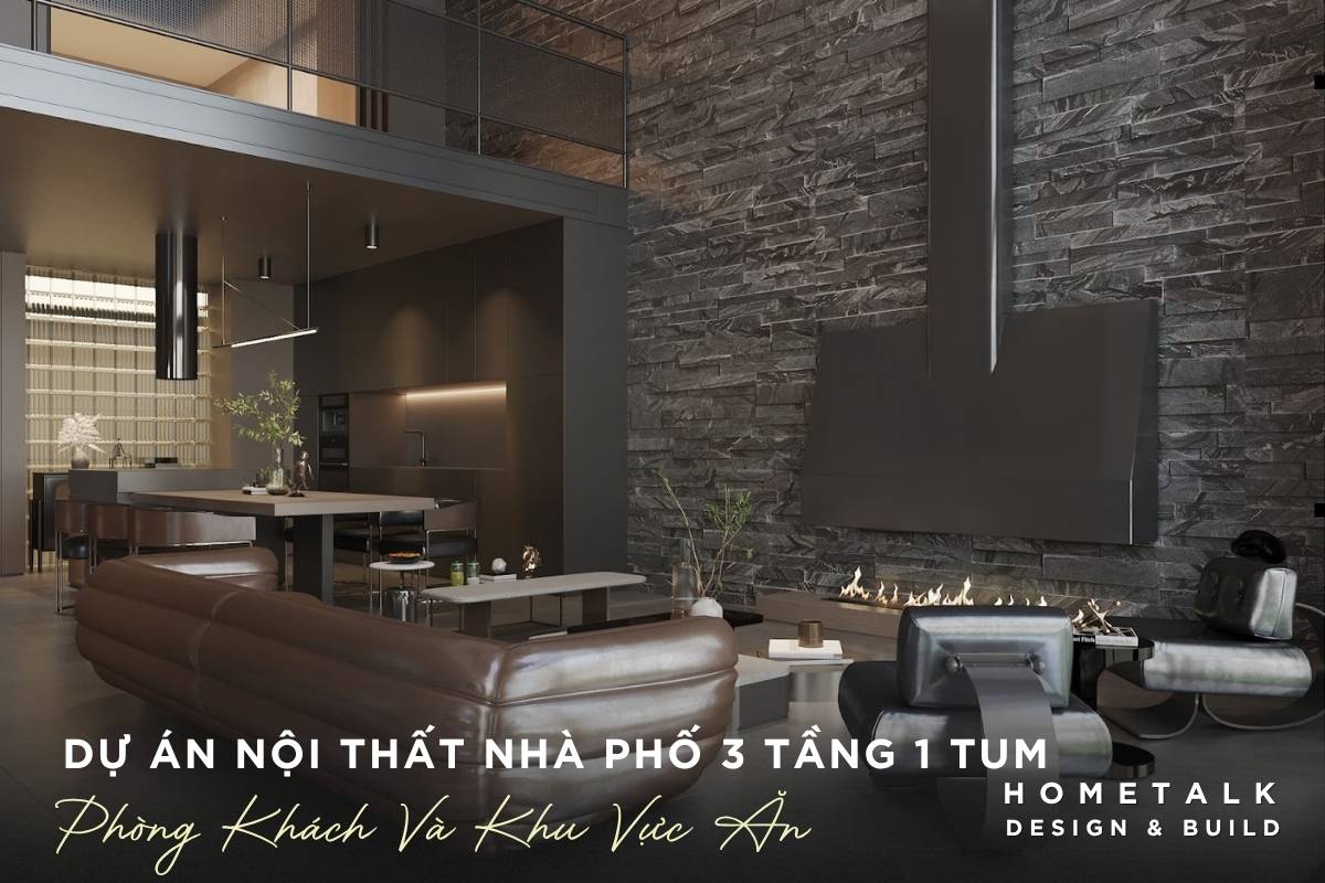 Công ty thiết kế thi công nội thất nhà phố Quận 6 TPHCM - Chuyên nghiệp, uy tín, giá tốt 59 phong khach va khu vuc an nha pho voi sofa da nau lo suoi hien dai va gam mau toi chu dao