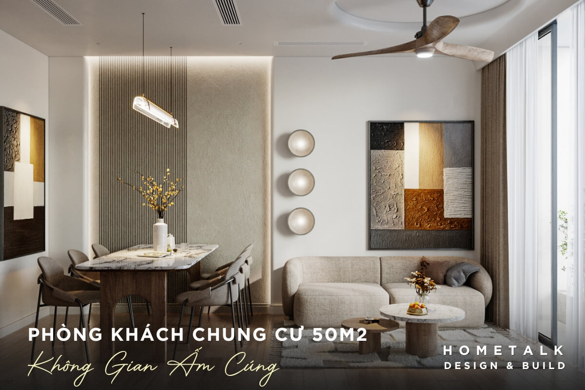 phong khach voi mot chiec sofa lon mau be nhat, co thiet ke hien dai va thoai mai cho chung cu 50m2