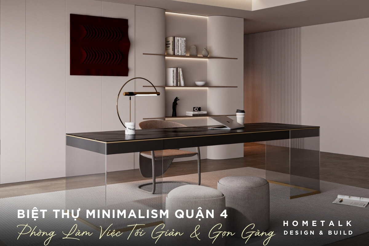 phong lam viec biet thu toi gian voi tong mau trung tinh noi bat voi ban lam viec lon voi mat ban da marble mau den, ket hop voi chan ban kinh trong suot