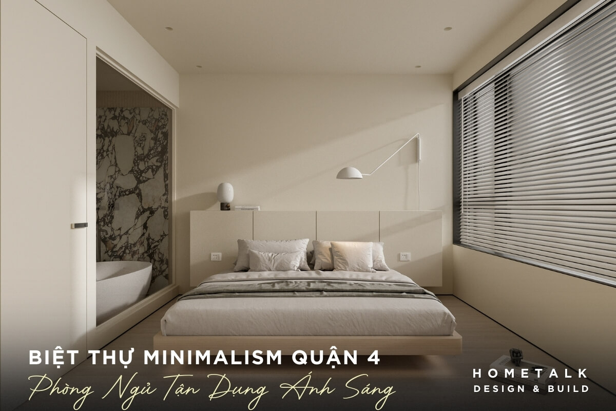 phong ngu biet thu duoc thiet ke theo phong cach Minimalism voi chiec giuong ngu lon tong mau trang kem, tan dung ket hop bon tam nho tao su tien loi cho khong gian