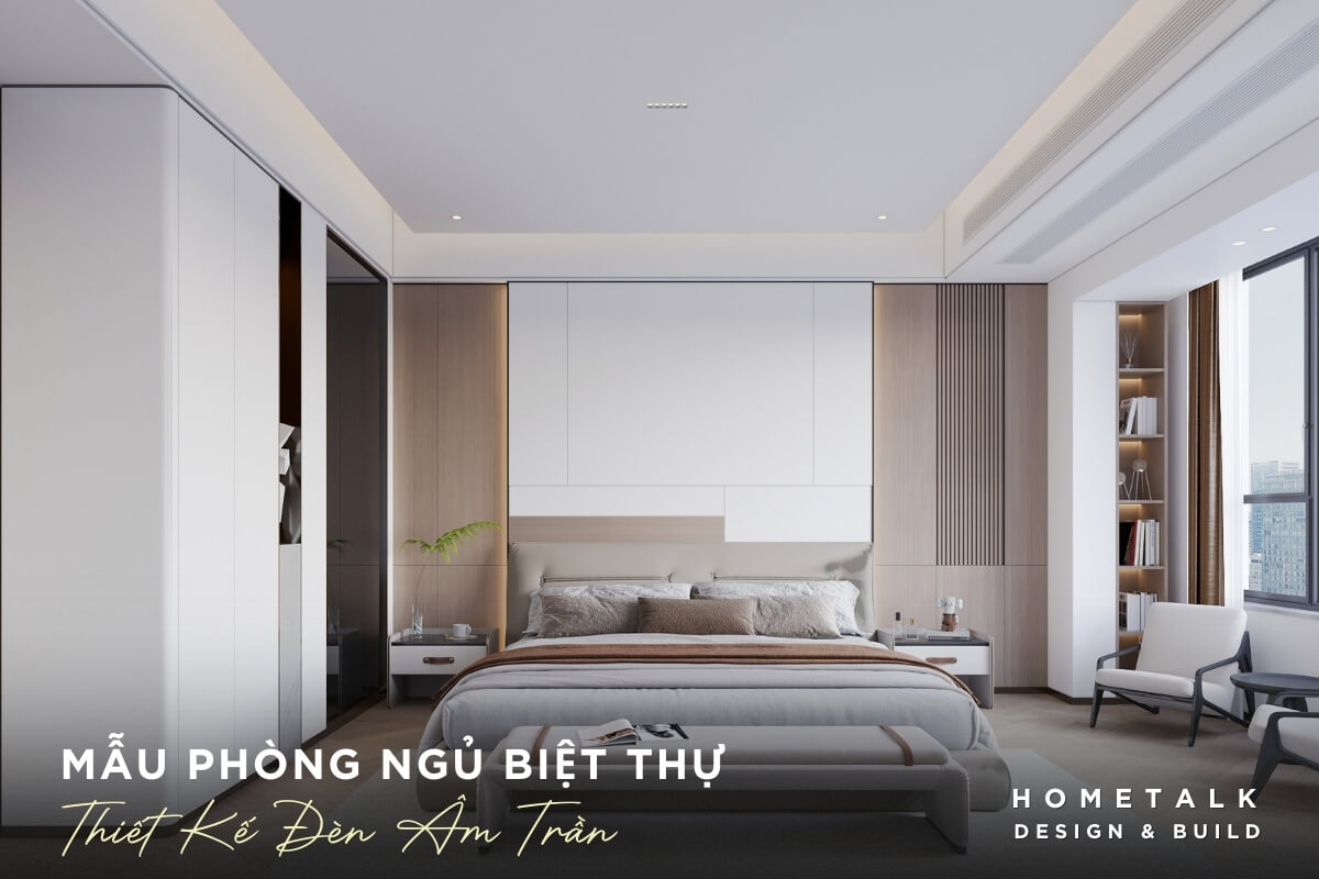 phong ngu biet thu hien dai, sang trong va am cung Giuong ngu boc nem mau xam nhat, dau giuong cao, Tu quan ao am tuong mau trang giup mo rong khong gian